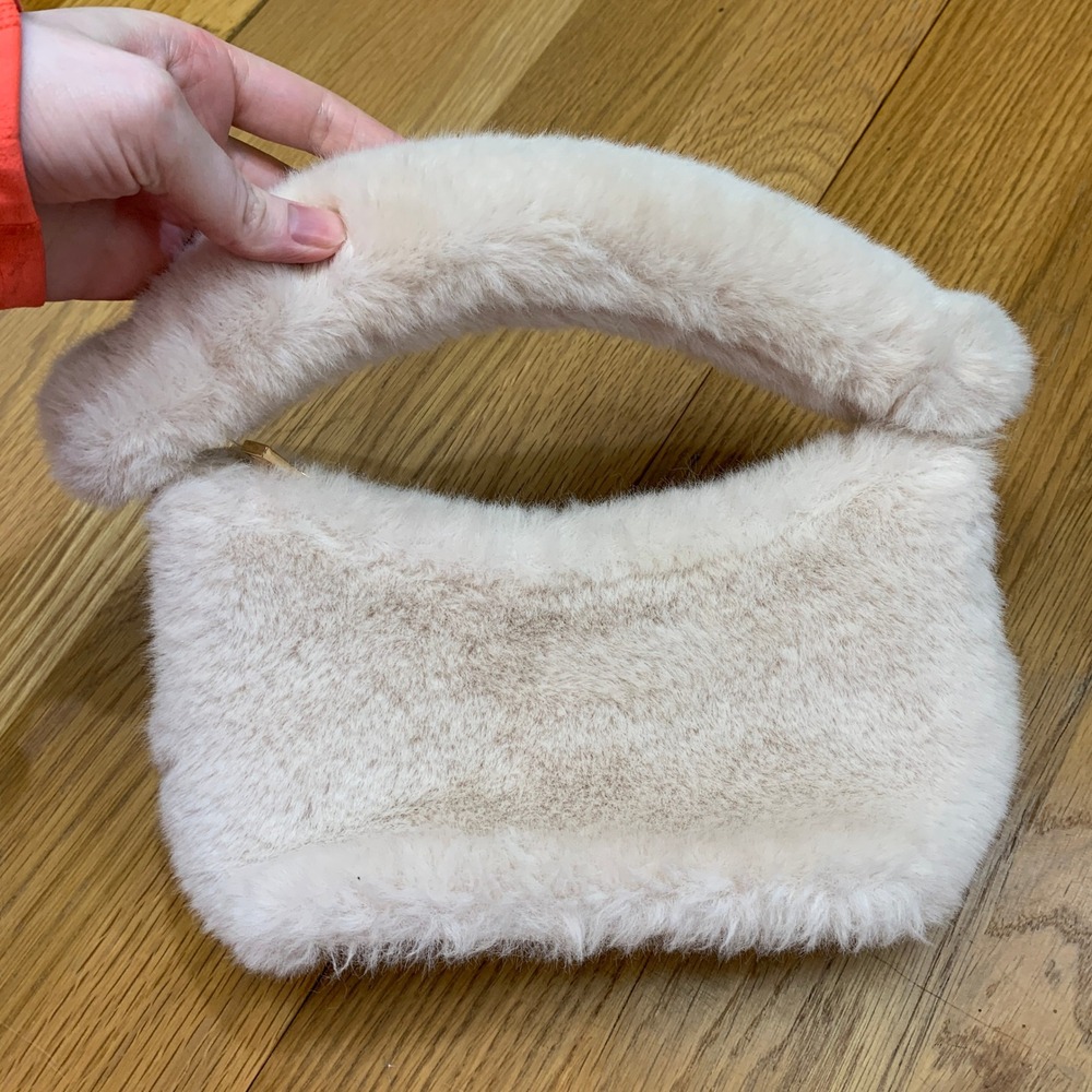 A New Day Purse Faux Fur Handbag Cream Fuzzy Top Handle Bag Zipper Close Chic